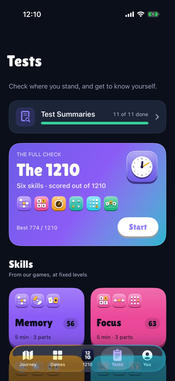 The Tests tab: The 1210 full check and the skill tests